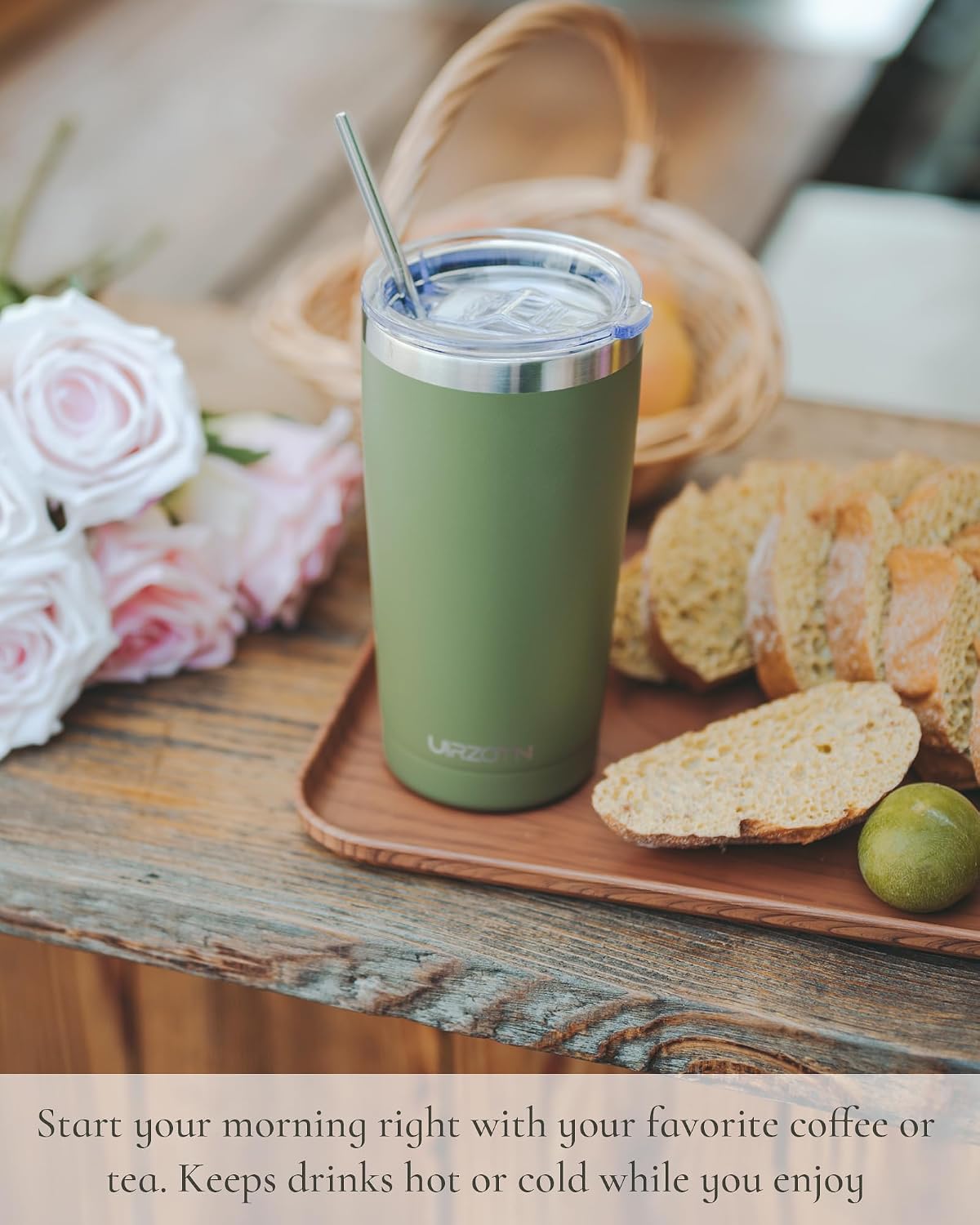 20oz Travel Coffee Tumbler, Insulated Travel Mug, Black | Includes 2 Lids & Straw, Stainless Steel, Vacuum Insulated, Fits Car Cup Holders, Hot & Cold Drinks, Reusable Cup