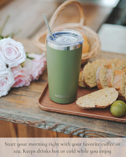 20oz Travel Coffee Tumbler, Insulated Travel Mug, Black | Includes 2 Lids & Straw, Stainless Steel, Vacuum Insulated, Fits Car Cup Holders, Hot & Cold Drinks, Reusable Cup