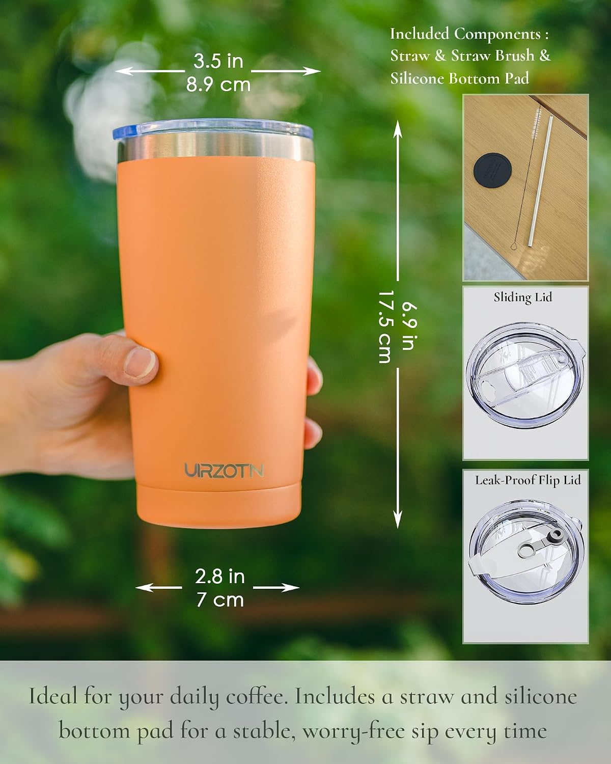 20oz Travel Coffee Tumbler, Insulated Travel Mug, Black | Includes 2 Lids & Straw, Stainless Steel, Vacuum Insulated, Fits Car Cup Holders, Hot & Cold Drinks, Reusable Cup