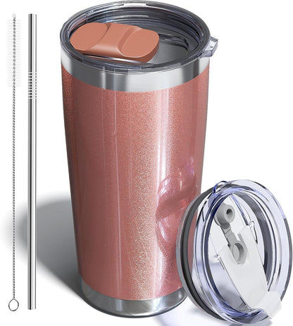 20oz Travel Coffee Tumbler, Insulated Travel Mug, Black | Includes 2 Lids & Straw, Stainless Steel, Vacuum Insulated, Fits Car Cup Holders, Hot & Cold Drinks, Reusable Cup