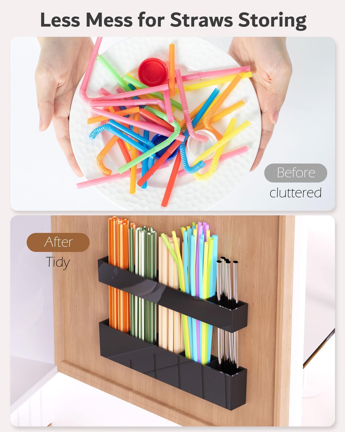 Upgraded 9.5'' Large Acrylic Straw Holder for Cabinet Door, Adjustable Space-Saving Straw Organizer Storage Dispenser for Cabinet with Ultra Sticky Adhesive Strips, 2-Part Rack, Drainage Holes