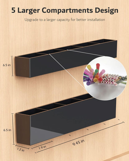 Upgraded 9.5'' Large Acrylic Straw Holder for Cabinet Door, Adjustable Space-Saving Straw Organizer Storage Dispenser for Cabinet with Ultra Sticky Adhesive Strips, 2-Part Rack, Drainage Holes