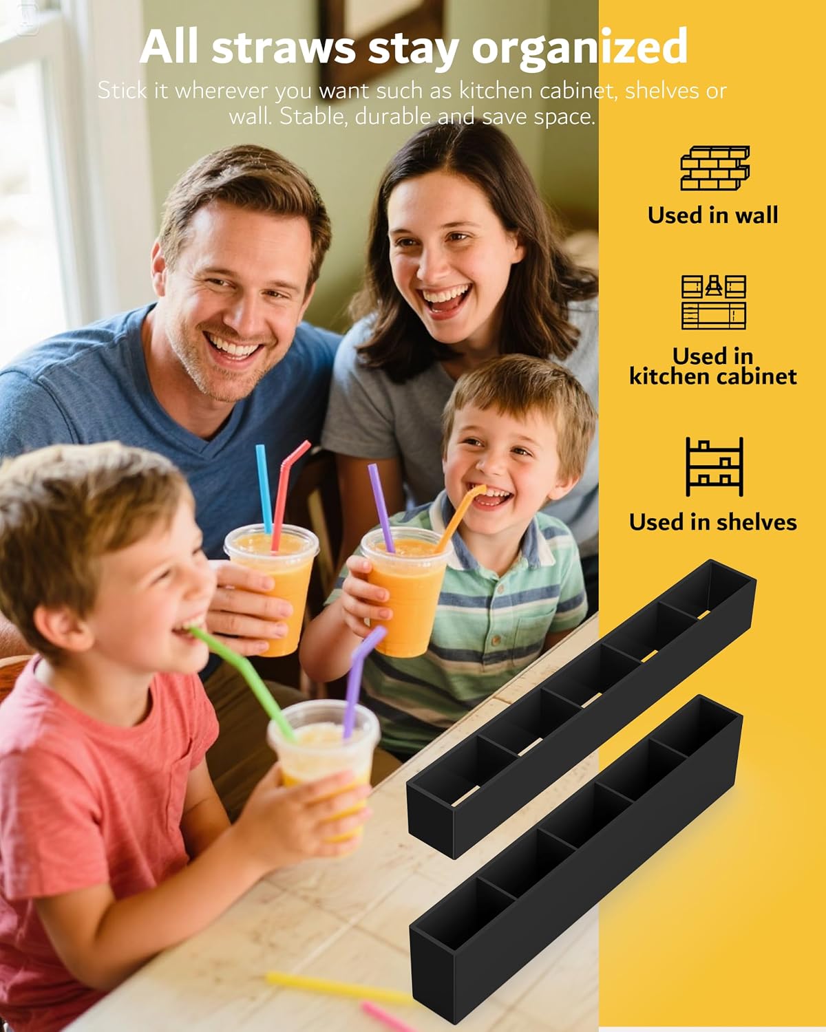 Upgraded 9.5'' Large Acrylic Straw Holder for Cabinet Door, Adjustable Space-Saving Straw Organizer Storage Dispenser for Cabinet with Ultra Sticky Adhesive Strips, 2-Part Rack, Drainage Holes