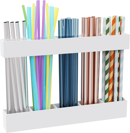 Upgraded 9.5'' Large Acrylic Straw Holder for Cabinet Door, Adjustable Space-Saving Straw Organizer Storage Dispenser for Cabinet with Ultra Sticky Adhesive Strips, 2-Part Rack, Drainage Holes