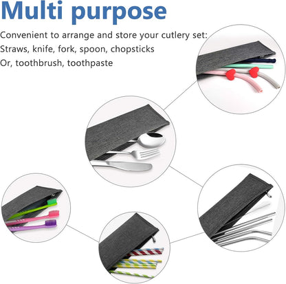 Reusable Straws Carrying Case, Portable Small Pouch for Metal, Paper, Plastic, Silicone Disposable Straws, Stainless Steel Chopstick - Black