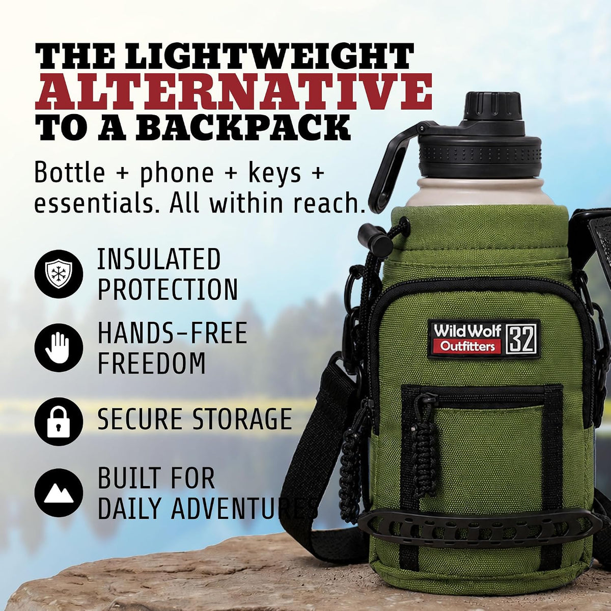Insulated Water Bottle Holder With Strap, Carrier Bag for Walking, Hiking