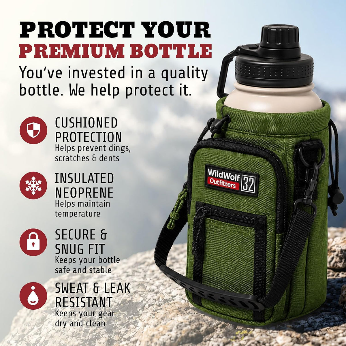 Insulated Water Bottle Holder With Strap, Carrier Bag for Walking, Hiking