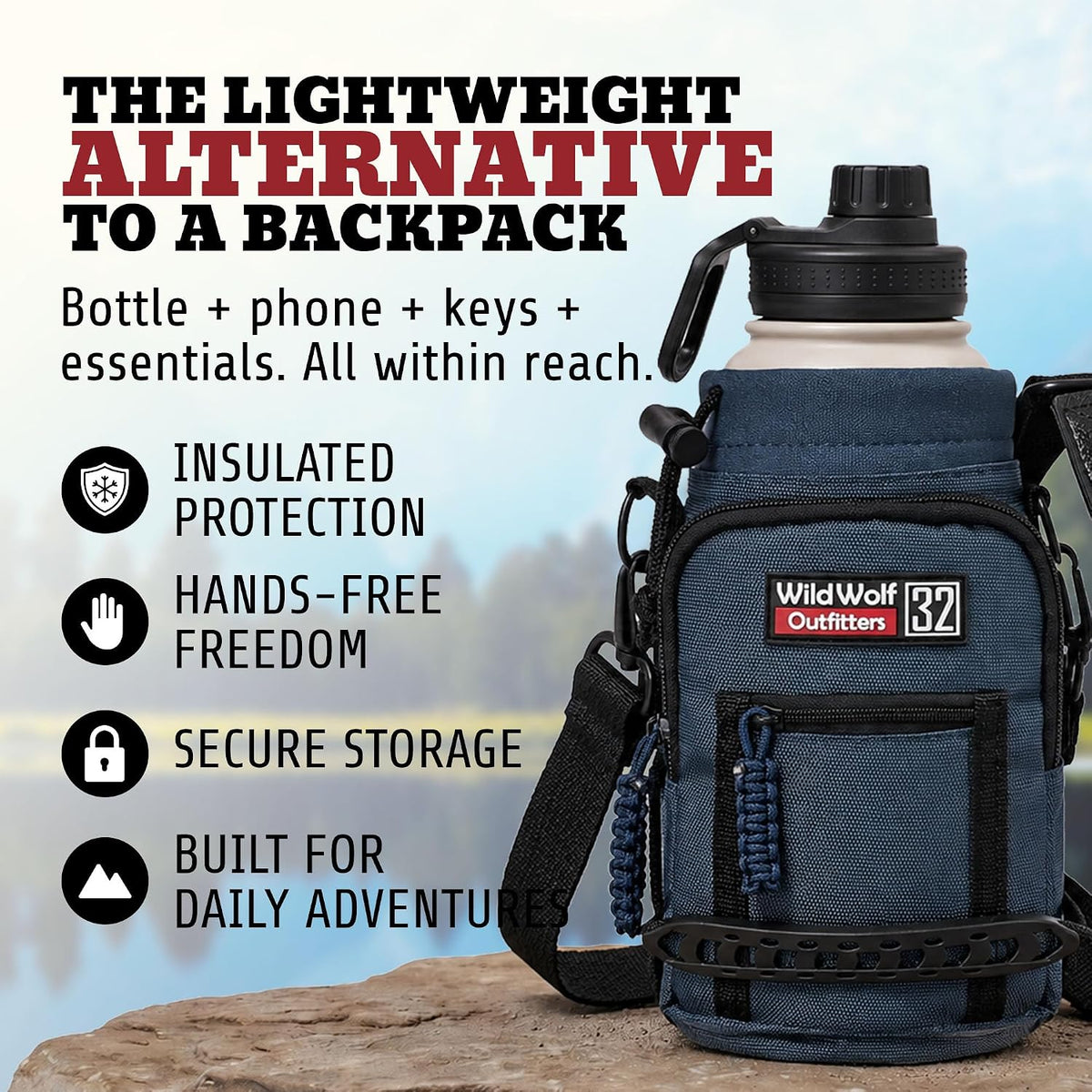 Insulated Water Bottle Holder With Strap, Carrier Bag for Walking, Hiking