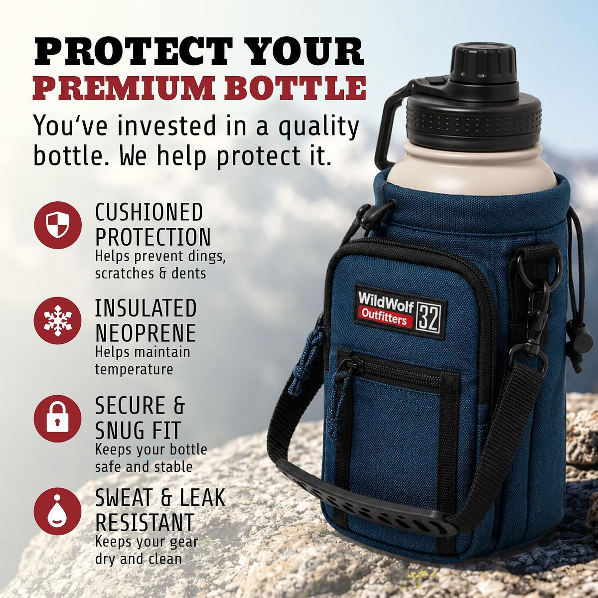 Insulated Water Bottle Holder With Strap, Carrier Bag for Walking, Hiking