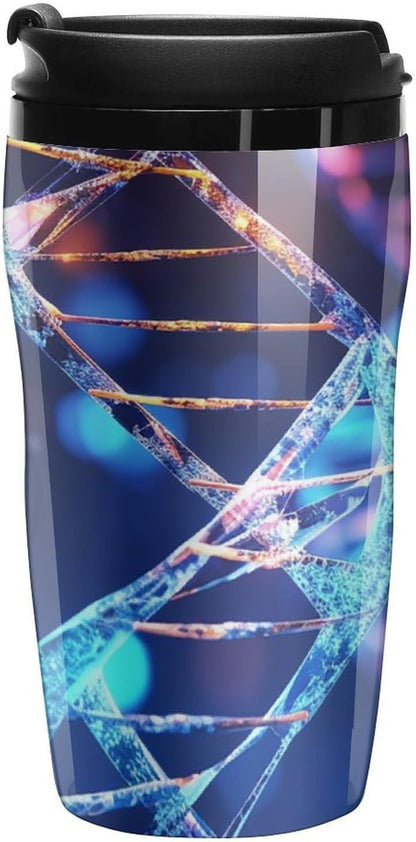 Double Wall Vacuum Coffee Cup - DNA Genetic Helix Reusable Plastic Travel Mug with Lid, 350ml Insulated Tumbler for Hot & Cold Drinks, Portable Coffee Mug for Car Office Use