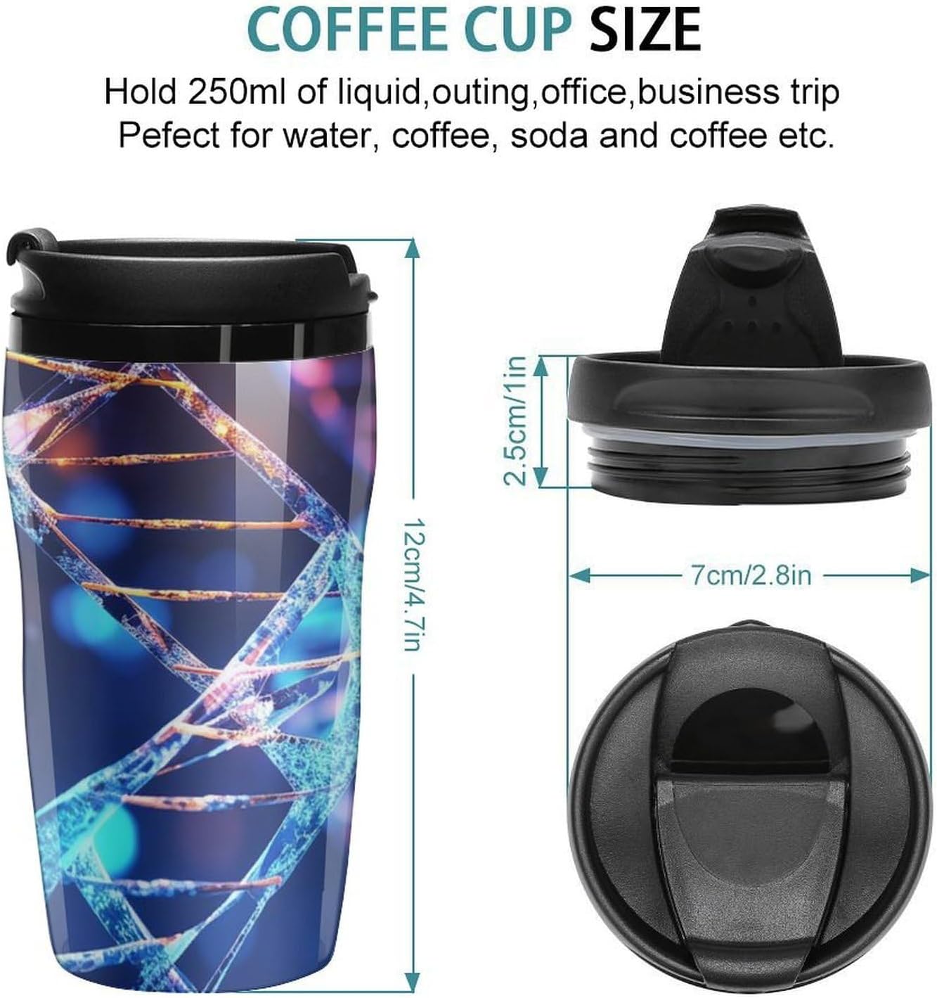 Double Wall Vacuum Coffee Cup - DNA Genetic Helix Reusable Plastic Travel Mug with Lid, 350ml Insulated Tumbler for Hot & Cold Drinks, Portable Coffee Mug for Car Office Use