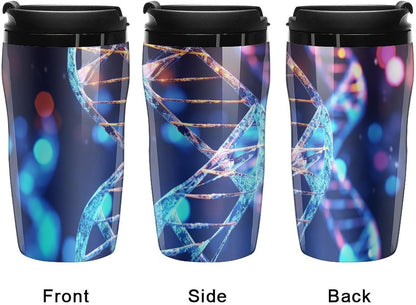 Double Wall Vacuum Coffee Cup - DNA Genetic Helix Reusable Plastic Travel Mug with Lid, 350ml Insulated Tumbler for Hot & Cold Drinks, Portable Coffee Mug for Car Office Use