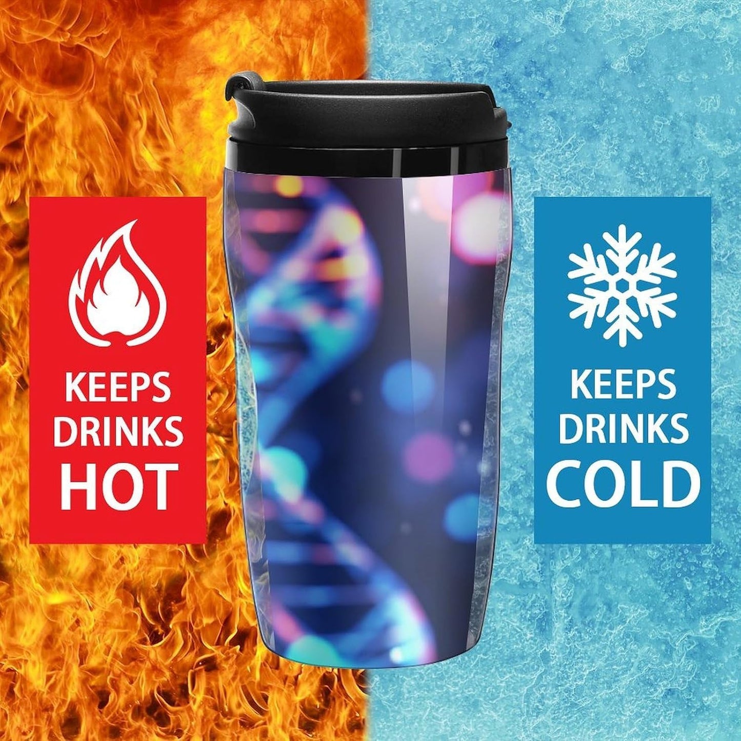 Double Wall Vacuum Coffee Cup - DNA Genetic Helix Reusable Plastic Travel Mug with Lid, 350ml Insulated Tumbler for Hot & Cold Drinks, Portable Coffee Mug for Car Office Use