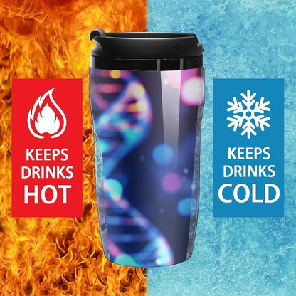 Double Wall Vacuum Coffee Cup - DNA Genetic Helix Reusable Plastic Travel Mug with Lid, 350ml Insulated Tumbler for Hot & Cold Drinks, Portable Coffee Mug for Car Office Use