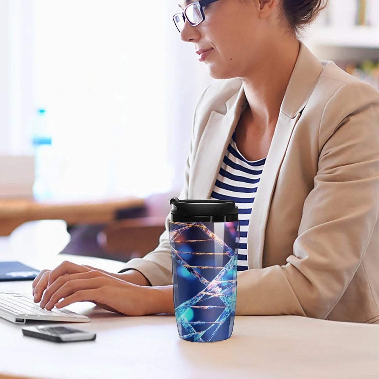 Double Wall Vacuum Coffee Cup - DNA Genetic Helix Reusable Plastic Travel Mug with Lid, 350ml Insulated Tumbler for Hot & Cold Drinks, Portable Coffee Mug for Car Office Use