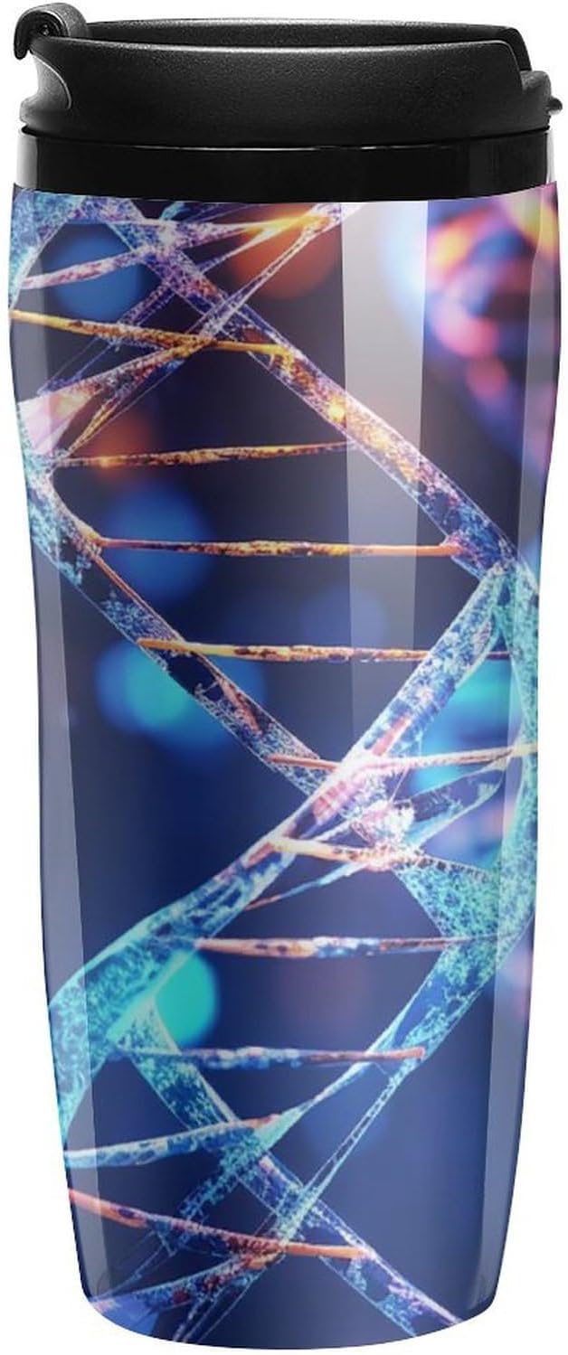 Double Wall Vacuum Coffee Cup - DNA Genetic Helix Reusable Plastic Travel Mug with Lid, 350ml Insulated Tumbler for Hot & Cold Drinks, Portable Coffee Mug for Car Office Use