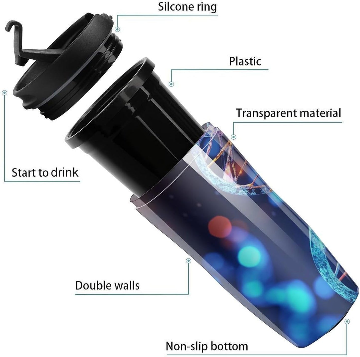 Double Wall Vacuum Coffee Cup - DNA Genetic Helix Reusable Plastic Travel Mug with Lid, 350ml Insulated Tumbler for Hot & Cold Drinks, Portable Coffee Mug for Car Office Use