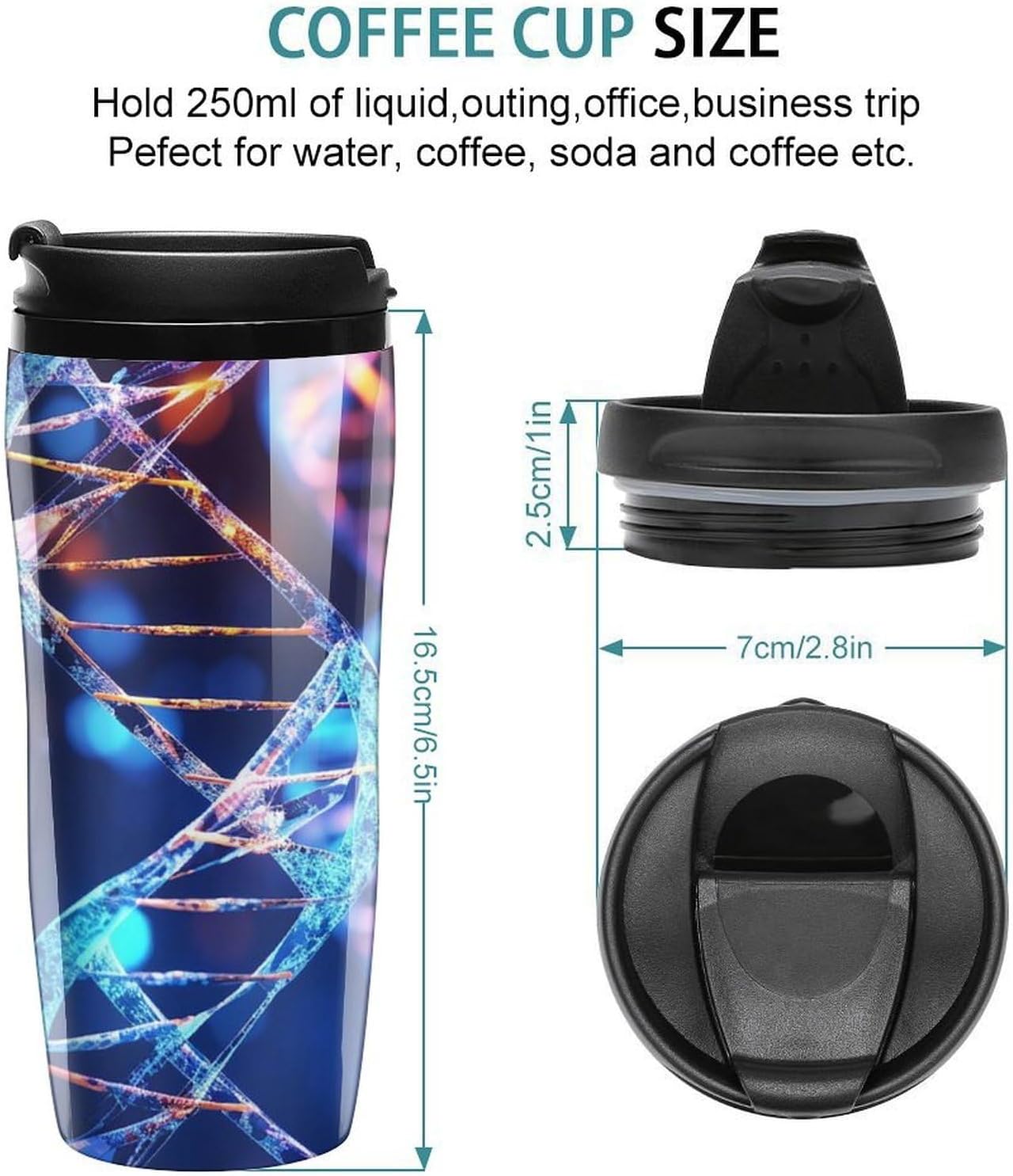Double Wall Vacuum Coffee Cup - DNA Genetic Helix Reusable Plastic Travel Mug with Lid, 350ml Insulated Tumbler for Hot & Cold Drinks, Portable Coffee Mug for Car Office Use