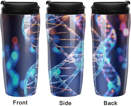 Double Wall Vacuum Coffee Cup - DNA Genetic Helix Reusable Plastic Travel Mug with Lid, 350ml Insulated Tumbler for Hot & Cold Drinks, Portable Coffee Mug for Car Office Use
