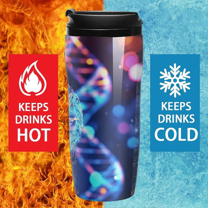 Double Wall Vacuum Coffee Cup - DNA Genetic Helix Reusable Plastic Travel Mug with Lid, 350ml Insulated Tumbler for Hot & Cold Drinks, Portable Coffee Mug for Car Office Use