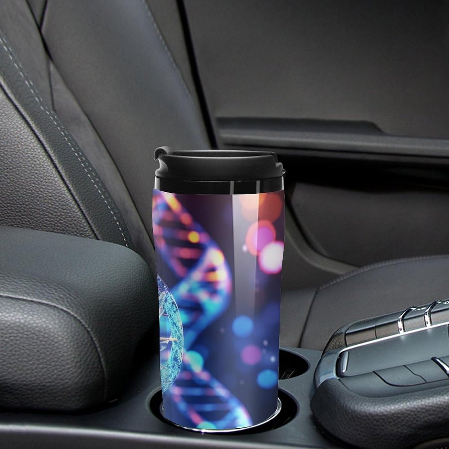 Double Wall Vacuum Coffee Cup - DNA Genetic Helix Reusable Plastic Travel Mug with Lid, 350ml Insulated Tumbler for Hot & Cold Drinks, Portable Coffee Mug for Car Office Use