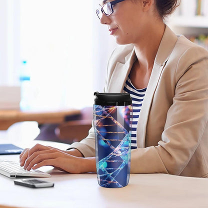 Double Wall Vacuum Coffee Cup - DNA Genetic Helix Reusable Plastic Travel Mug with Lid, 350ml Insulated Tumbler for Hot & Cold Drinks, Portable Coffee Mug for Car Office Use