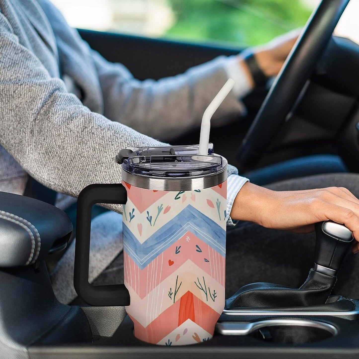 Leakproof Tumbler Vacuum Sealed Car Holder Friendly For Travel Simple Minimalist White Poppy Flower Pattern Coffee Mug Light Rose Red-style-27 - Colors F