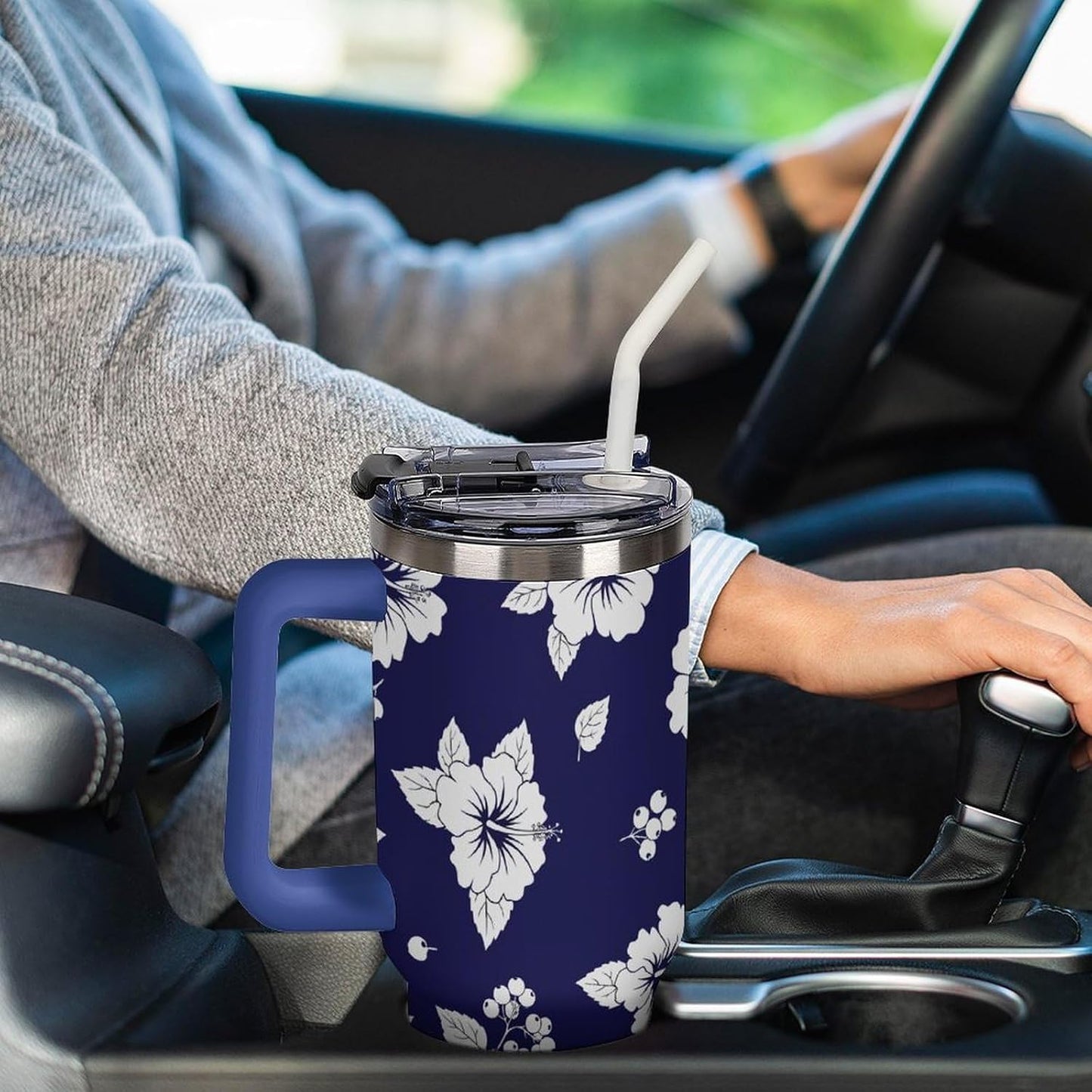 Leakproof Tumbler Vacuum Sealed Car Holder Friendly For Travel Simple Minimalist White Poppy Flower Pattern Coffee Mug Light Rose Red-style-27 - Colors F