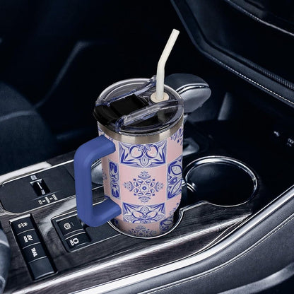 Leakproof Tumbler Vacuum Sealed Car Holder Friendly For Travel Simple Minimalist White Poppy Flower Pattern Coffee Mug Light Rose Red-style-27 - Colors F