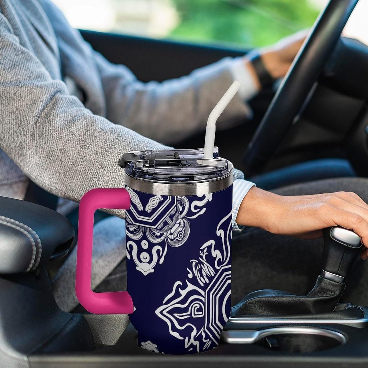 Leakproof Tumbler Vacuum Sealed Car Holder Friendly For Travel Simple Minimalist White Poppy Flower Pattern Coffee Mug Light Rose Red-style-27 - Colors F