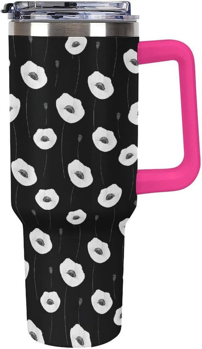 Leakproof Tumbler Vacuum Sealed Car Holder Friendly For Travel Simple Minimalist White Poppy Flower Pattern Coffee Mug Light Rose Red-style-27 - Colors F