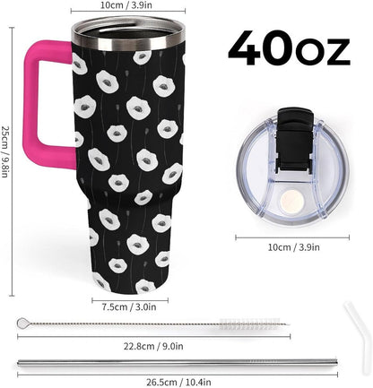 Leakproof Tumbler Vacuum Sealed Car Holder Friendly For Travel Simple Minimalist White Poppy Flower Pattern Coffee Mug Light Rose Red-style-27 - Colors F