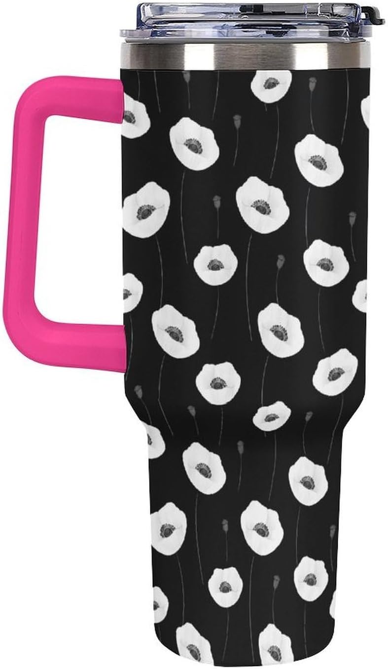 Leakproof Tumbler Vacuum Sealed Car Holder Friendly For Travel Simple Minimalist White Poppy Flower Pattern Coffee Mug Light Rose Red-style-27 - Colors F