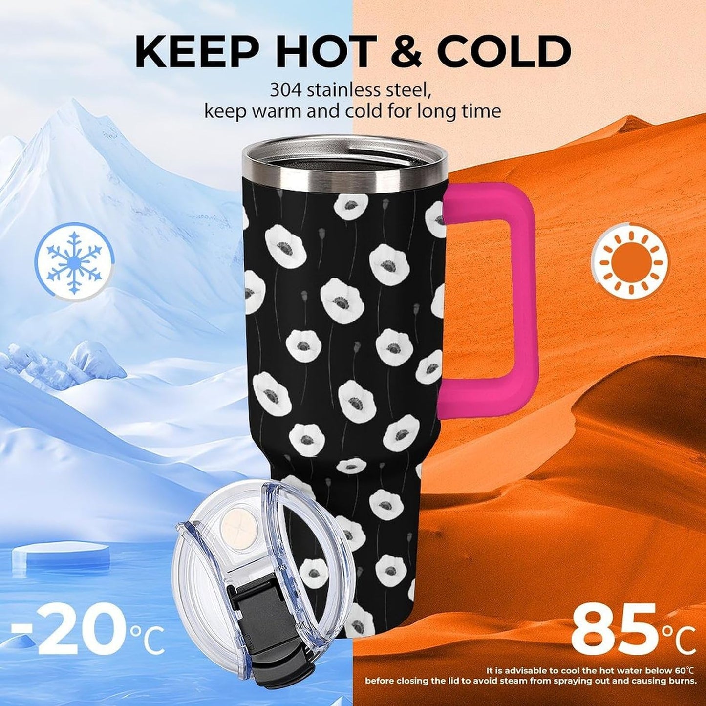 Leakproof Tumbler Vacuum Sealed Car Holder Friendly For Travel Simple Minimalist White Poppy Flower Pattern Coffee Mug Light Rose Red-style-27 - Colors F