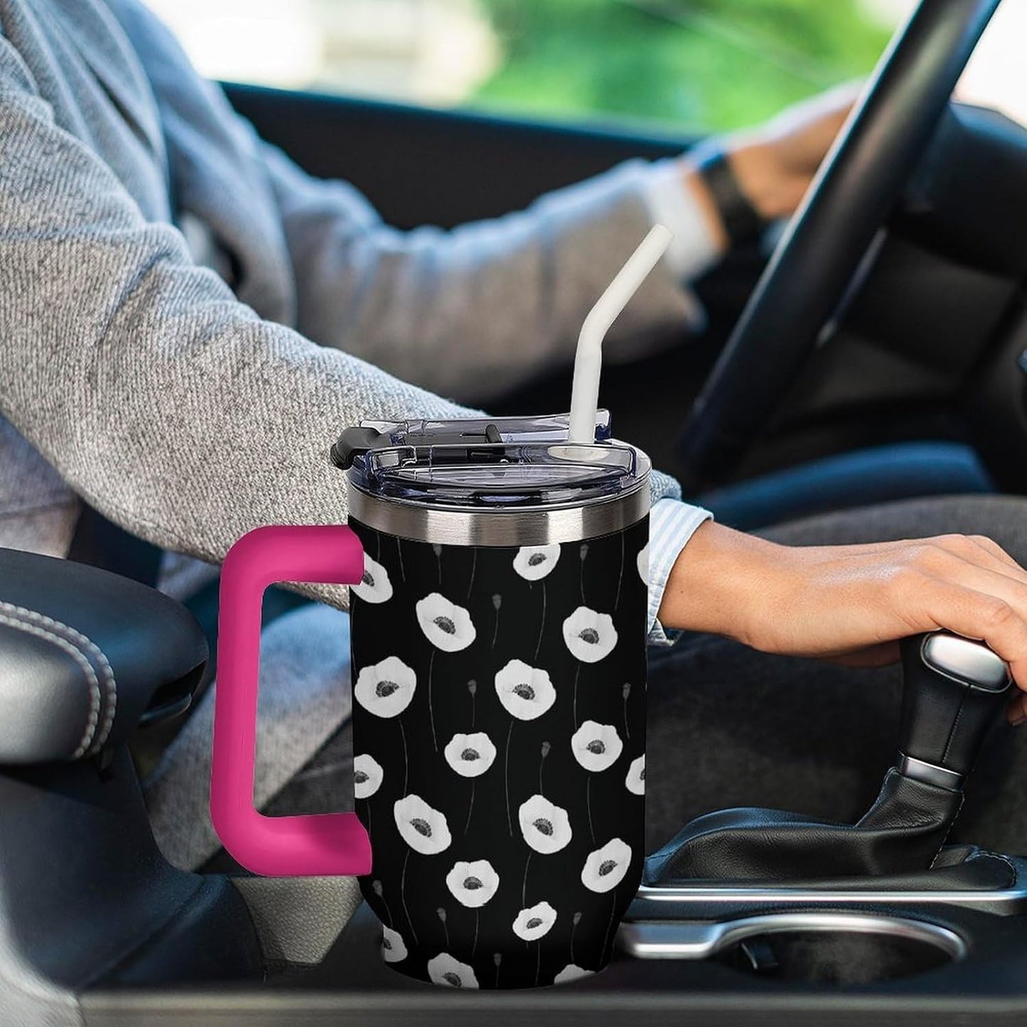 Leakproof Tumbler Vacuum Sealed Car Holder Friendly For Travel Simple Minimalist White Poppy Flower Pattern Coffee Mug Light Rose Red-style-27 - Colors F