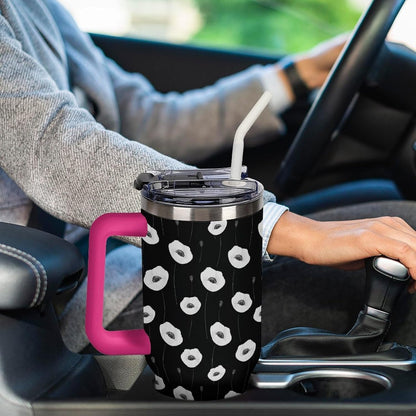 Leakproof Tumbler Vacuum Sealed Car Holder Friendly For Travel Simple Minimalist White Poppy Flower Pattern Coffee Mug Light Rose Red-style-27 - Colors F