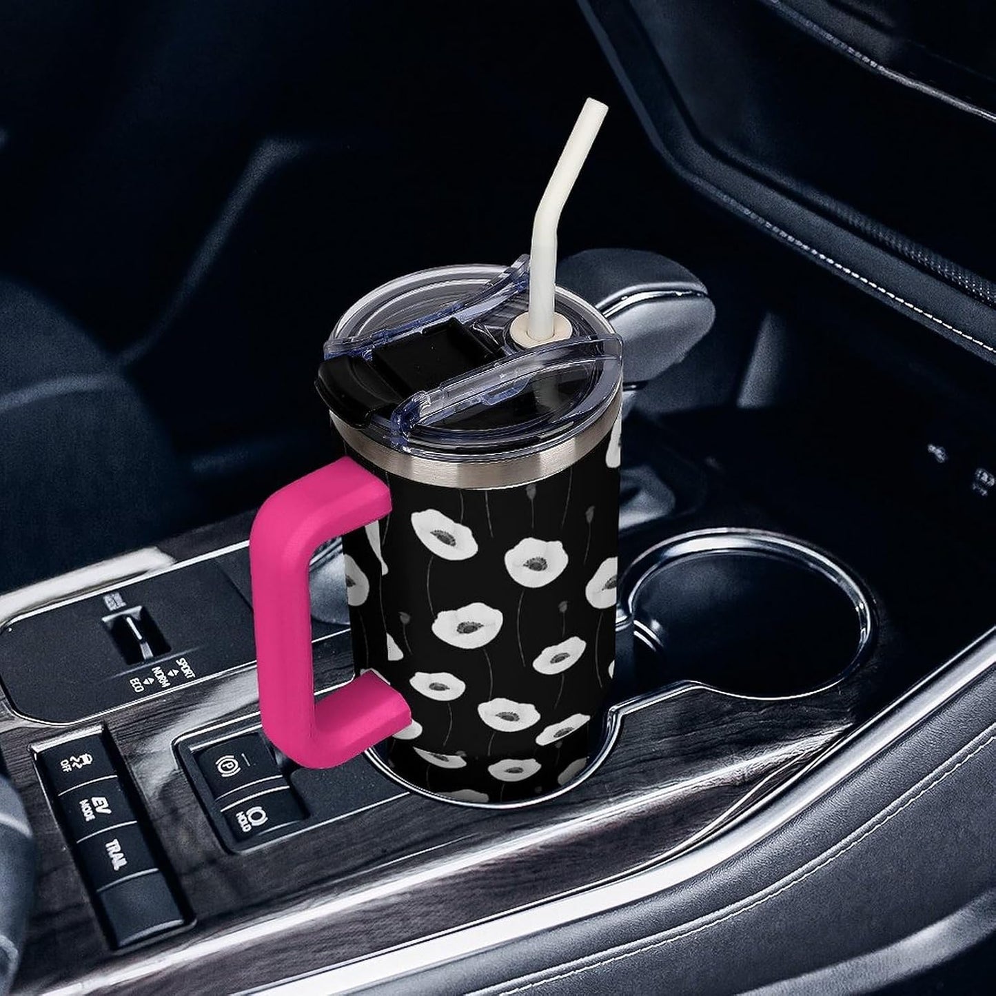 Leakproof Tumbler Vacuum Sealed Car Holder Friendly For Travel Simple Minimalist White Poppy Flower Pattern Coffee Mug Light Rose Red-style-27 - Colors F