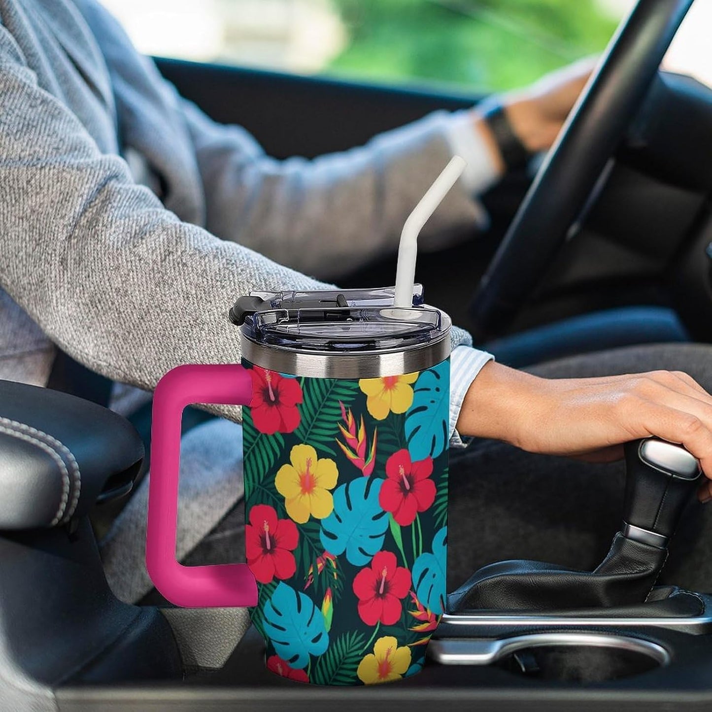 Leakproof Tumbler Vacuum Sealed Car Holder Friendly For Travel Simple Minimalist White Poppy Flower Pattern Coffee Mug Light Rose Red-style-27 - Colors F