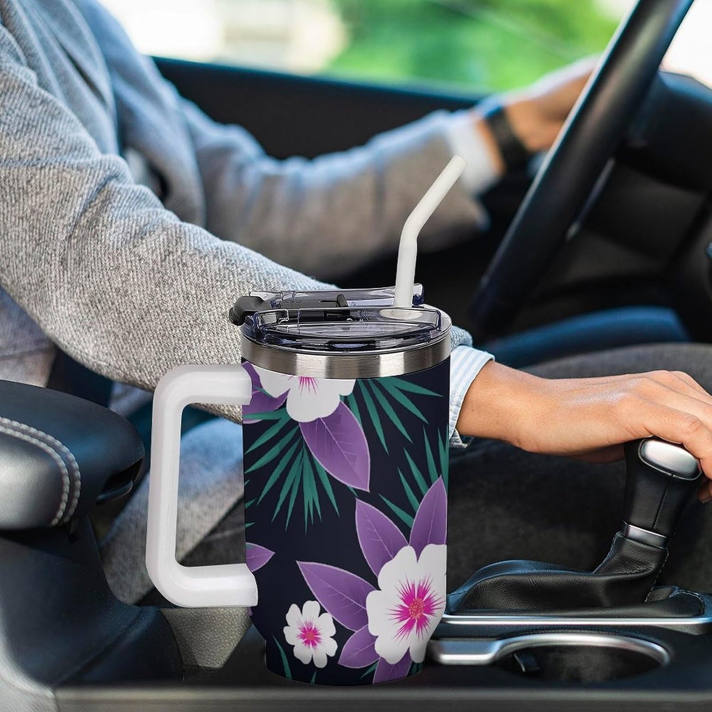 Leakproof Tumbler Vacuum Sealed Car Holder Friendly For Travel Simple Minimalist White Poppy Flower Pattern Coffee Mug Light Rose Red-style-27 - Colors F