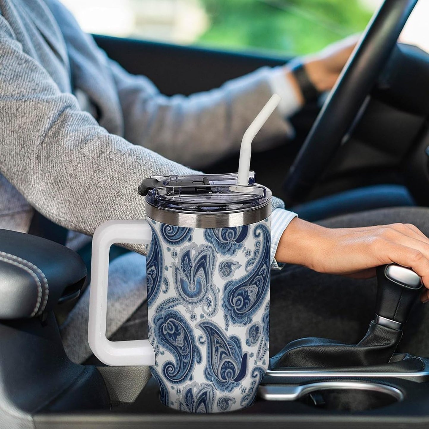 Leakproof Tumbler Vacuum Sealed Car Holder Friendly For Travel Simple Minimalist White Poppy Flower Pattern Coffee Mug Light Rose Red-style-27 - Colors F