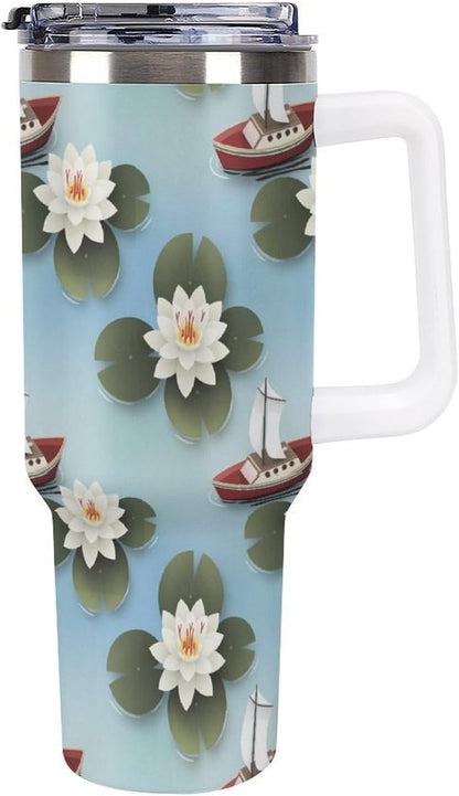 Leakproof Tumbler Vacuum Sealed Car Holder Friendly For Travel Simple Minimalist White Poppy Flower Pattern Coffee Mug Light Rose Red-style-27 - Colors F