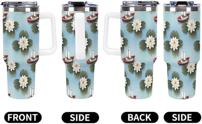 Leakproof Tumbler Vacuum Sealed Car Holder Friendly For Travel Simple Minimalist White Poppy Flower Pattern Coffee Mug Light Rose Red-style-27 - Colors F