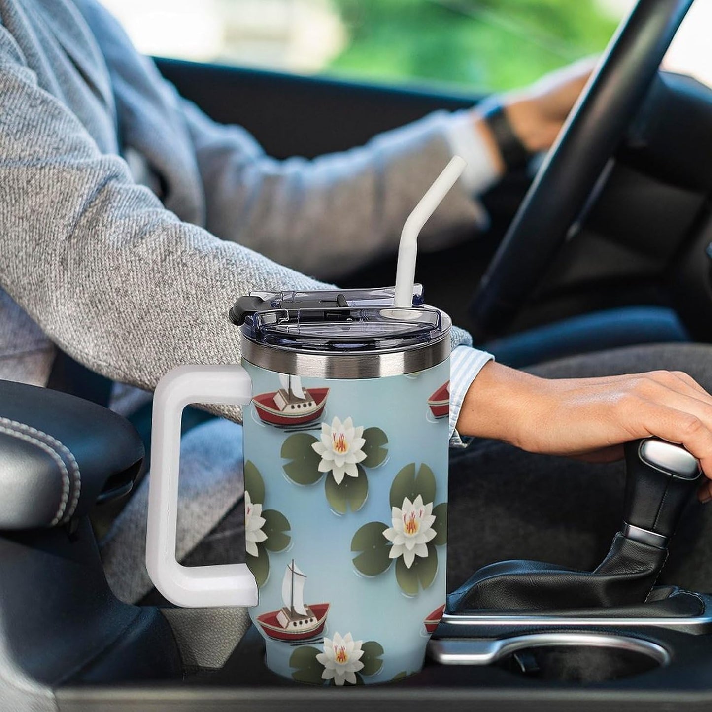 Leakproof Tumbler Vacuum Sealed Car Holder Friendly For Travel Simple Minimalist White Poppy Flower Pattern Coffee Mug Light Rose Red-style-27 - Colors F