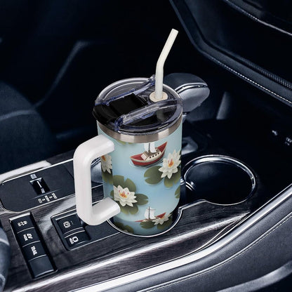 Leakproof Tumbler Vacuum Sealed Car Holder Friendly For Travel Simple Minimalist White Poppy Flower Pattern Coffee Mug Light Rose Red-style-27 - Colors F