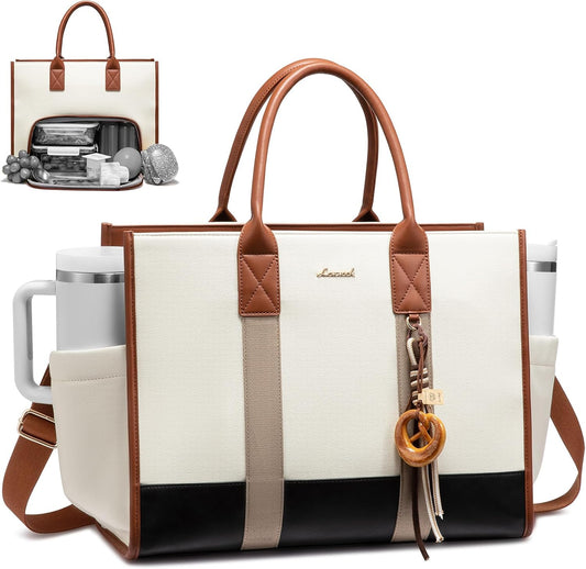Work Tote Bag with Lunch Compartment with Giant Tumbler Holder,15.6 Inch Waterproof 3 in 1 Lunch Bag Women Men Laptop Bag Purse Tote with Padded Sleeve for Teacher,Nurse,College,Travel,Office
