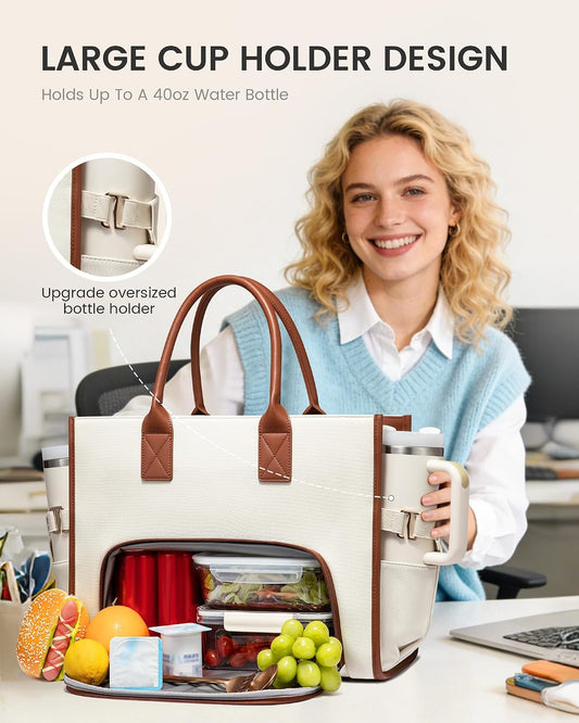 Work Tote Bag with Lunch Compartment with Giant Tumbler Holder,15.6 Inch Waterproof 3 in 1 Lunch Bag Women Men Laptop Bag Purse Tote with Padded Sleeve for Teacher,Nurse,College,Travel,Office