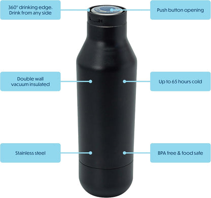 360° Edge Stainless Steel Insulated Water Bottle – Double Wall, Leak Proof, One-Touch Screw Top Lid, 360° Drinking Edge, Black