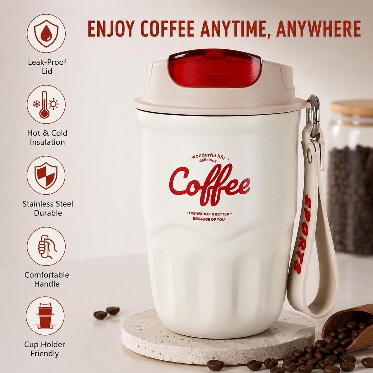 Coffee Vacuum Flask, 12oz Portable Coffee Cup with Lid & Handle, 316 Stainless Steel Insulated Water Drinkware, Hot Cold Travel Coffee Mugs for Home, Office, and Outdoor Use (Beige,Digital)