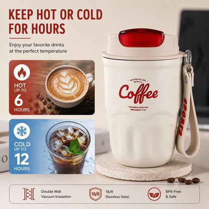 Coffee Vacuum Flask, 12oz Portable Coffee Cup with Lid & Handle, 316 Stainless Steel Insulated Water Drinkware, Hot Cold Travel Coffee Mugs for Home, Office, and Outdoor Use (Beige,Digital)