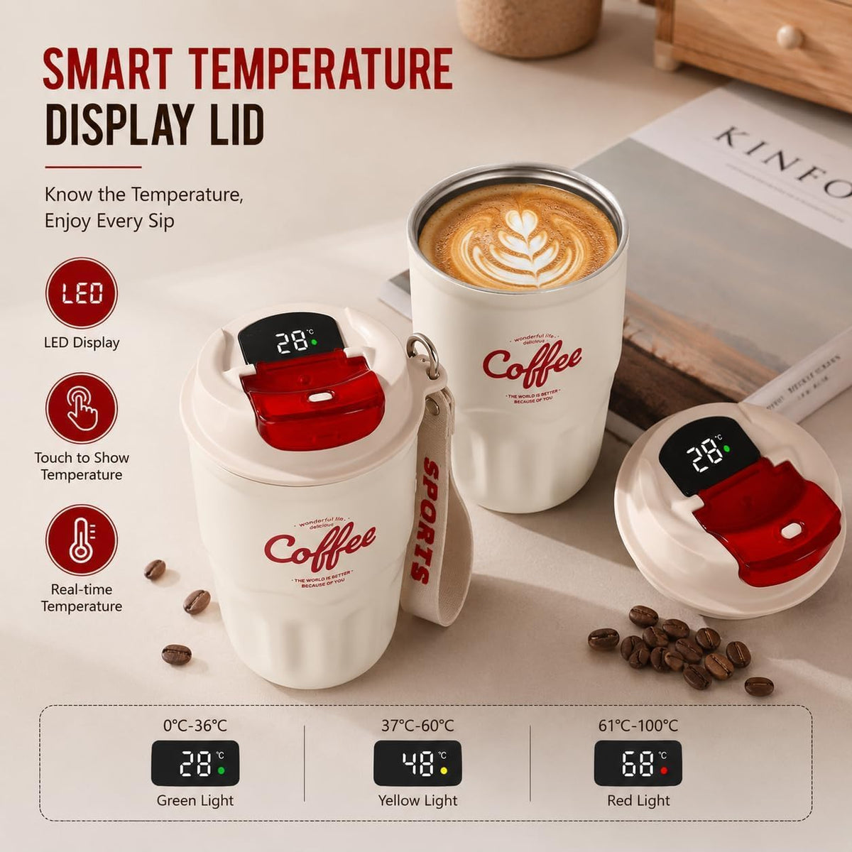 Coffee Vacuum Flask, 12oz Portable Coffee Cup with Lid & Handle, 316 Stainless Steel Insulated Water Drinkware, Hot Cold Travel Coffee Mugs for Home, Office, and Outdoor Use (Beige,Digital)